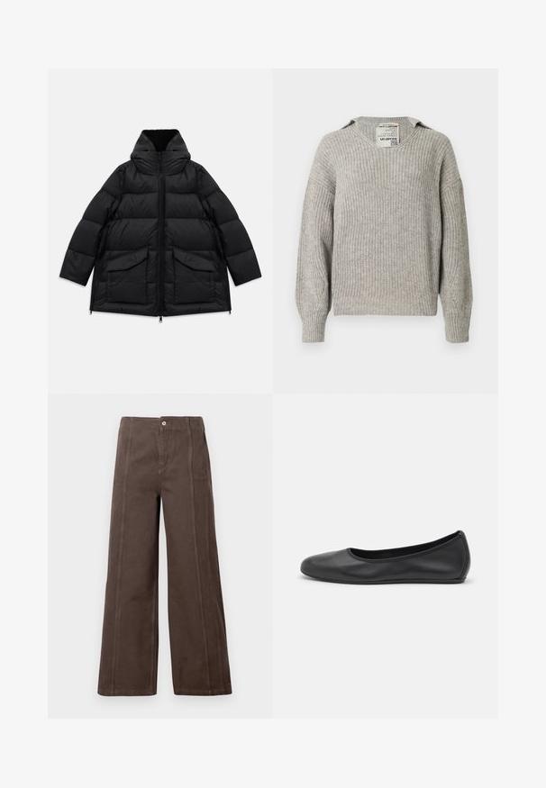 Manteau d'hiver matelassé noir avec col haut, fermeture éclair à l'avant, deux grandes poches à rabat et zips sur les côtés sur fond blanc.; Pull en tricot gris clair avec col en V, coupe ample, épaules tombantes et poignets côtelés. Le tissu présente un motif texturé.; Pantalons larges marron en tissu lisse, dotés de coutures sur le panneau avant et d'une fermeture à un seul bouton en métal à la taille.; Ballerines en cuir noir avec un bout rond, texture lisse, détails de couture minimalistes et design de semelle flexible.