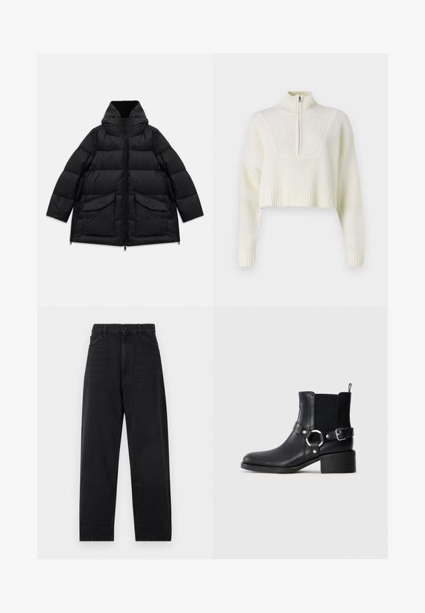 Manteau d'hiver matelassé noir avec col haut, fermeture éclair à l'avant, deux grandes poches à rabat et zips sur les côtés sur fond blanc.; Pull court de couleur crème avec un col zippé, texture côtelée et manches larges. Le matériau semble doux et tricoté.; Jean en denim noir avec une taille haute, coupe droite, fermeture à bouton et style classique à cinq poches. Texture lisse avec des coutures discrètes.; Bottine en cuir noir avec boucles latérales et détail en anneau, panneau latéral élastique, petit talon carré et languette de tirage sur fond uni.