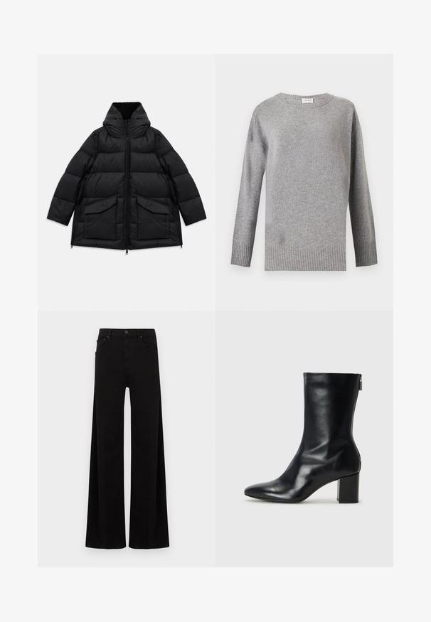 Manteau d'hiver matelassé noir avec col haut, fermeture éclair à l'avant, deux grandes poches à rabat et zips sur les côtés sur fond blanc.; Pull en maille gris clair à manches longues avec poignets, ourlet et col côtelés, présenté sur un fond blanc uni.; Pantalon noir à jambes larges en denim, avec une taille haute, des poches avant et une fermeture simple par bouton métallique.; Bottine en cuir noir avec un bout pointu et un talon carré de 4 cm. Design élégant avec une fermeture éclair sur le côté pour un enfilage facile. Texture lisse.