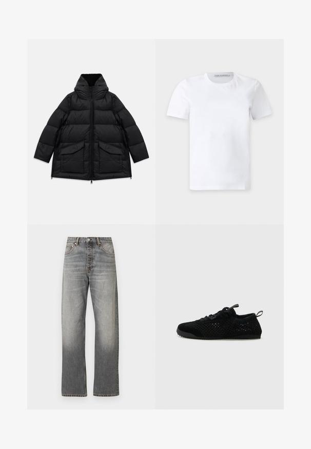 Schwarze gepolsterte Winterjacke mit hohem Kragen, vorderem Reißverschluss, zwei großen Klappentaschen und seitlichen Reißverschlüssen auf weißem Hintergrund.; Schlichtes weißes T-Shirt mit kurzen Ärmeln und Rundhalsausschnitt, mit einem kleinen Markenlabel innen im Kragen mit der Aufschrift "Tiger of Sweden."; Graue Jeans mit geradem Bein und hoher Taille, mit ausgewaschenem Look, vorne mit Knopfverschluss und im Fünf-Taschen-Design.; Schwarze Sportschuhe mit einem Obermaterial aus Mesh, Wildlederakzenten und einer strukturierten Sohle. Leichtes Design mit einer flachen Silhouette.