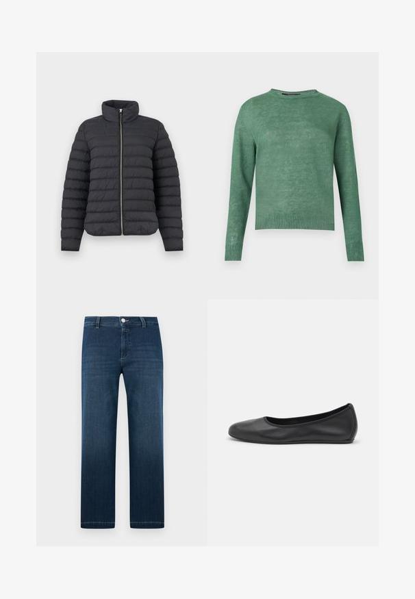 Veste matelassée noire en duvet avec col montant, fermeture éclair argentée à l'avant, manches longues et détails de couture horizontale.; Pull vert à manches longues avec col rond, poignets et ourlet côtelés, fabriqué en tissu tricoté léger.; Jean denim bleu foncé à jambes droites avec fermeture avant par bouton et zip, passants pour ceinture, et légère décoloration sur les cuisses.; Ballerines en cuir noir avec un bout rond, texture lisse, détails de couture minimalistes et design de semelle flexible.