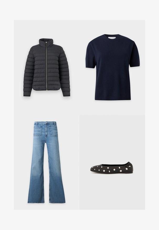 Veste matelassée noire en duvet avec col montant, fermeture éclair argentée à l'avant, manches longues et détails de couture horizontale.; Pull en maille bleu marine à manches courtes, col rond, poignets et ourlet côtelés, de la marque Tiger of Sweden.; Jean en denim bleu clair taille haute avec jambes larges évasées, poches plaquées à l’avant, fermeture par boutons et passants de ceinture.; Chaussure ballerine noire à bride élastique à l'arrière, ornée de gros clous ronds argentés dispersés sur le dessus, vue de profil sur fond blanc.