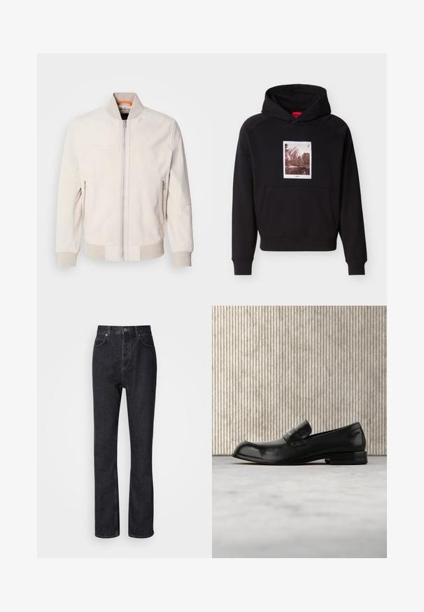 Lichtbeige leren jas met een staande kraag, vooraan met een ritsluiting en twee ritszakken aan de zijkant. Geribbelde manchetten en zoom voegen textuur toe.; Zwarte hoodie met voorzak en een sepia grafiek van bergen en bomen, gecentreerd boven de zak, met rode "HUGO" tekst.; Hoge taille zwarte denim jeans met een knoop- en ritssluiting, voor- en achterzakken en een rechte pasvorm.; Zwarte leren loafer met metalen accent, zwevend weergegeven boven een beige tapijt, met een ronde, amberkleurige tafel op de achtergrond.