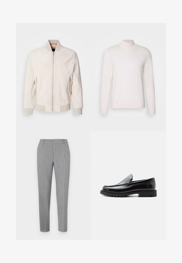 Lys beige læderjakke med ståkrave, front lynlås og to lynlåslommer på siden. Ribbet manchetter og kant tilføjer struktur.; Lyserød rullekravesweater med lange ærmer, blød tekstur, ribbet krave og manchetter, der har et klassisk, tætsiddende design.; Grå bukser med tynde striber, skræddersyet pasform, flad front og sidelommer. Fremstillet af et glat stof med en subtil glans.; Sort læderloafer med chunky gummisål, syet overdel og præget mærkenavn på hælen, vist i sideprofil på hvid baggrund.
