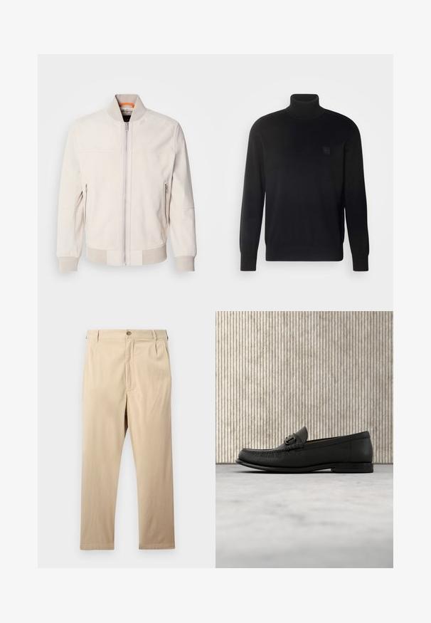 Lichtbeige leren jas met een staande kraag, vooraan met een ritsluiting en twee ritszakken aan de zijkant. Geribbelde manchetten en zoom voegen textuur toe.; Zwarte coltrui met lange mouwen, geribbelde kraag en manchetten, gemaakt van een gladde stof. Bevat een klein logo-embleem op de borst.; Beige rechte broek met knoop- en ritsluiting, riemlussen en zijzakken, plat neergelegd op een lichte achtergrond.; Zwarte leren loafer met metalen bitdetail, geplaatst bovenop een beige tapijt, met een bruine ronde tafel op de achtergrond.