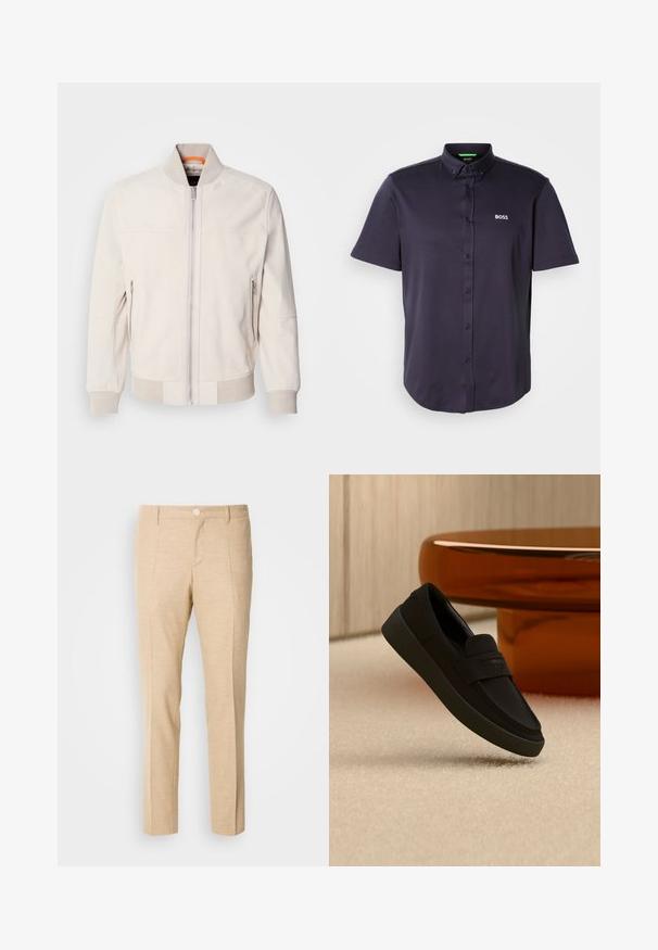Lichtbeige leren jas met een staande kraag, vooraan met een ritsluiting en twee ritszakken aan de zijkant. Geribbelde manchetten en zoom voegen textuur toe.; Kortärmelig polo in donker marineblauw van een gladde katoenmix, met een button-down kraag en het geborduurde "BOSS"-logo op de borst.; Beige op maat gemaakte broeken van textuurstof, met een rechte pijpenontwerp, een dubbele plooi aan de voorkant en een enkele knoopsluiting in de taille.; Zwarte instapschoen met dikke zool zwevend boven beige tapijt, met een moderne ronde bruine tafel op de achtergrond.