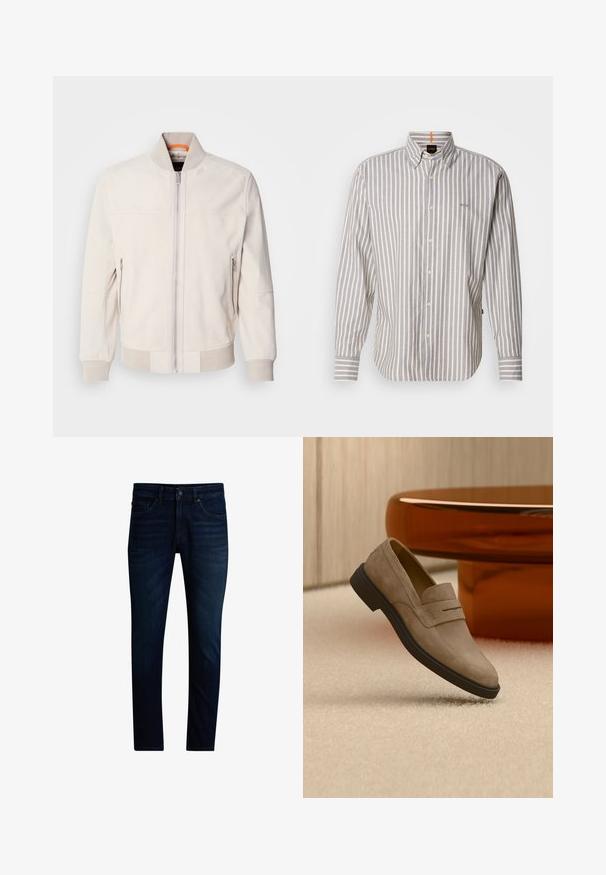 Lys beige læderjakke med ståkrave, front lynlås og to lynlåslommer på siden. Ribbet manchetter og kant tilføjer struktur.; BOSS RICOPLUS_M - Skjorter - grey/sand; Mørkeblå jeans med slim fit, foran lukning med knapper og lynlås, fem lommer og let falmning på lårene.; Beige ruskindslommeklipper med sort sål, svævende over lyst tæppebelagt gulv, ved siden af et skinnende brunt ovalt sofabord i et moderne rum.