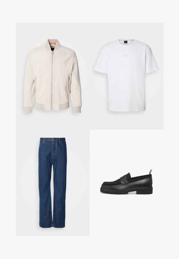 Chaqueta de cuero de color beige claro con cuello alzado, cierre con cremallera en el frente y dos bolsillos laterales con cremallera. Los puños y el dobladillo acanalados aportan textura.; Camiseta de algodón blanca de manga corta, con escote redondo y logotipo grabado de "BOSS" en el pecho. Textura suave, ajuste estándar.; Jeans de denim azul con un diseño de pierna recta, que cuentan con una bragueta de botones, cinco bolsillos y costuras de contraste a lo largo de las costuras.; Mocasines negros con cuerpo de cuero liso, suela de goma y detalles texturizados en la parte superior. Presentan un ribete cosido y diseño sin cordones.