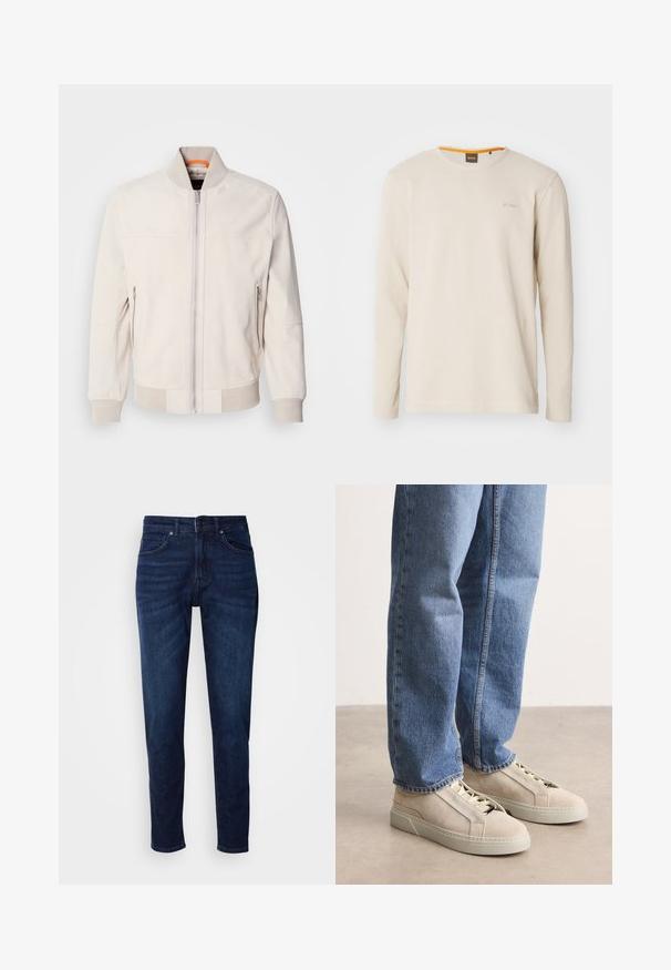 Lichtbeige leren jas met een staande kraag, vooraan met een ritsluiting en twee ritszakken aan de zijkant. Geribbelde manchetten en zoom voegen textuur toe.; Lichtbeige langemouwen t-shirt gemaakt van gestructureerde stof. Heeft een ronde hals en een klein logo op de borst met een oranje accent binnen de kraag.; Donkerblauwe denim jeans met een rechte pijpdesign, voorzien van zakken en een knoopsluiting bij de taille. Zachte textuur, minimale vervagingdetails.; BOSS GARYTENN_SDHDEL - Sneakers laag - natural ten