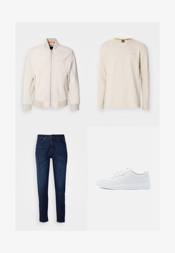 Chaqueta de cuero de color beige claro con cuello alzado, cierre con cremallera en el frente y dos bolsillos laterales con cremallera. Los puños y el dobladillo acanalados aportan textura.; Camiseta de manga larga color beige claro hecha de una tela texturizada. Presenta un cuello redondo y un pequeño logo en el pecho con un acento naranja en el interior del cuello.; Jeans de mezclilla azul oscuro con un diseño de pierna recta, que cuentan con bolsillos y un cierre de botón en la cintura. Textura suave, detalles de desvanecimiento mínimos.; Zapatillas de cuero blanco con textura suave, puntera redondeada y costuras tonales. Cuentan con cordones azules y un logo dorado en el lateral.
