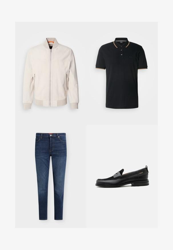 Lichtbeige leren jas met een staande kraag, vooraan met een ritsluiting en twee ritszakken aan de zijkant. Geribbelde manchetten en zoom voegen textuur toe.; Zwarte poloshirt gemaakt van gestructureerde stof, met een kraag met tan accents, drie knopen en een subtiele logo op de borst.; Donkerblauwe slim-fit jeans met voorzakken, riemlussen, knoopsluiting en subtiel vervagen op dijen en knieën.; Zwarte leren loafer met grijs riemdetailelement, lage hak en gestructureerde zool, aan de zijkant gebrandmerkt met "HUGO" in goud.