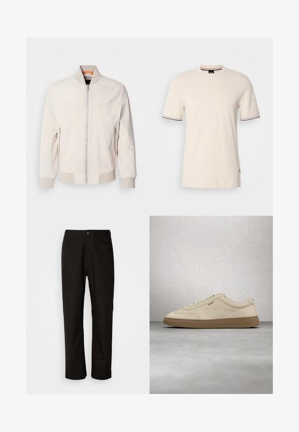 Lys beige læderjakke med ståkrave, front lynlås og to lynlåslommer på siden. Ribbet manchetter og kant tilføjer struktur.; Kortærmet beige T-shirt lavet af bomuld, med rund hals, kontrastkant på ærmerne og et logo etikette på siden.; Sorte bomuldsbukser med lige pasform, bæltestropper, lynlås foran og en enkelt knappelukning. Glat tekstur uden synlige mønstre.; Lyse beige ruskindssneaker med gummisål i farven gum, tydelige snørebånd og fine syningsdetaljer. Ren design med et minimalistisk æstetisk udtryk.