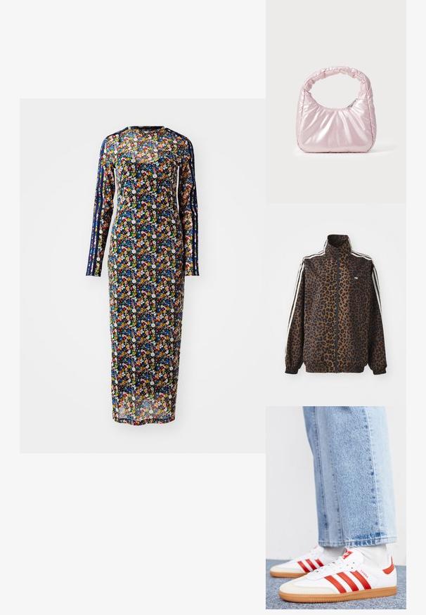 Jasje met luipaardprint in bruin en zwart, met witte zijstrepen, hoge kraag en elastische manchetten en zoom. Gemaakt van glad, synthetisch materiaal.; Langarm floral jurk van doorzichtig materiaal met een marineblauwe achtergrond, met kleurrijke bloemenpatronen en zijstrepen in verschillende tinten.; Witte leren sneakers met rode strepen en accenten. Voorzien van een getextureerde gumrubberen outsole en een gevoerde kraag. Draag ze met lichtblauwe denim.; Roze, gevoerde handtas met een afgeronde vorm, gemaakt van glanzend materiaal. Beschikt over een geplooide handgreep en een ritssluiting voor veilige toegang.