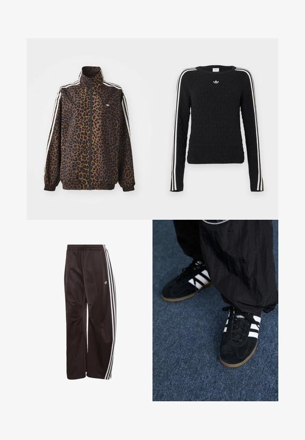 Veste zippée imprimée léopard en marron et noir, avec des rayures blanches sur les côtés, un col montant et des poignets et un ourlet élastiques. Matière synthétique lisse.; Pull en maille noire avec une surface texturée, manches longues, col rond, rayures blanches sur les côtés et logo brodé sur la poitrine.; Pantalon de survêtement Adidas noir avec trois bandes blanches sur les côtés, taille élastique, poche latérale zippée et logo Adidas sur la jambe gauche.; Des chaussures de sport en suède noir avec trois rayures blanches et des lacets noirs. Un pantalon noir texturé est partiellement visible à côté des chaussures.