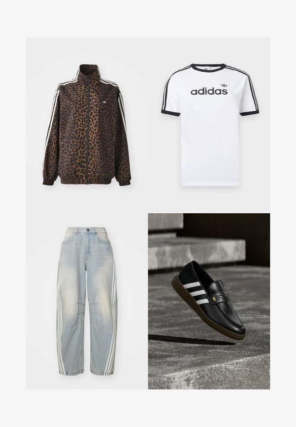 Veste zippée imprimée léopard en marron et noir, avec des rayures blanches sur les côtés, un col montant et des poignets et un ourlet élastiques. Matière synthétique lisse.; T-shirt en coton blanc avec accents noirs, doté d'un col rond, de manches courtes, de trois bandes noires sur les épaules et du logo "adidas" en noir.; Jeans en denim bleu clair avec une coupe ample, présentant des rayures blanches sur les côtés, des détails déchirés et une fermeture par bouton à la taille.; Mocassin en cuir noir avec des rayures blanches et une semelle marron, positionné au-dessus de marches en béton projetant une ombre au sol.