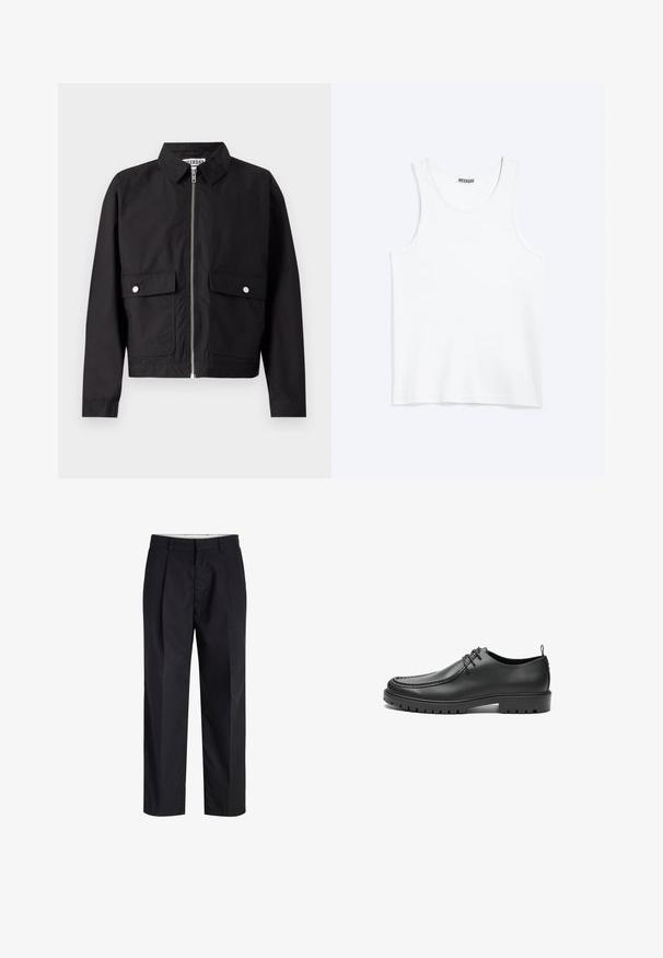 Veste noire avec fermeture éclair à l'avant, col court et deux poches frontales. Le tissu semble lisse et résistant à l'eau. Design simple, sans motifs.; Débardeur blanc sans manches avec col rond et étiquette de la marque Weekday à l'intérieur du col arrière, présenté à plat sur un fond clair.; Pantalon noir à jambes droites avec taille, passants de ceinture, fermeture éclair à l'avant et poches latérales, présenté sur fond blanc.; Chaussures en cuir noir avec une finition lisse, bout arrondi et coutures décoratives. Elles possèdent une semelle en caoutchouc avec des rainures de traction et un laçage.