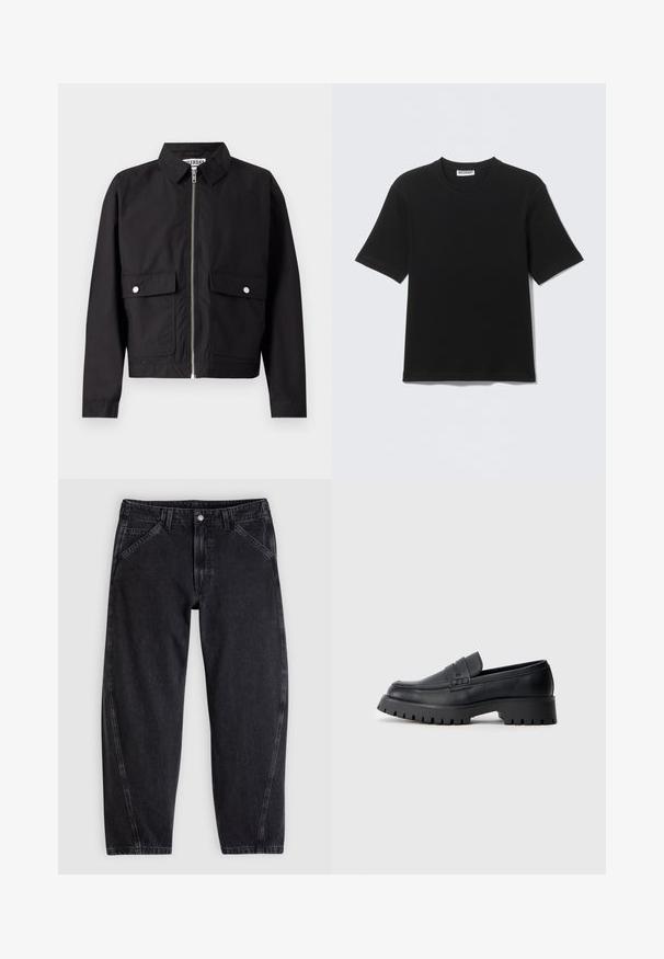 Veste noire avec fermeture éclair à l'avant, col court et deux poches frontales. Le tissu semble lisse et résistant à l'eau. Design simple, sans motifs.; T-shirt noir à manches courtes avec col rond, portant une étiquette "WEEKDAY" à l'intérieur du col, présenté à plat sur un fond clair.; Jean en denim noir à coupe ample, doté d'une ceinture standard, d'un design à cinq poches et de surpiqûres contrastantes le long des coutures.; Mocassins en cuir noir avec un bout arrondi, présentant une sangle décorative et une semelle en caoutchouc épaisse avec de profonds crampons pour une meilleure adhérence.