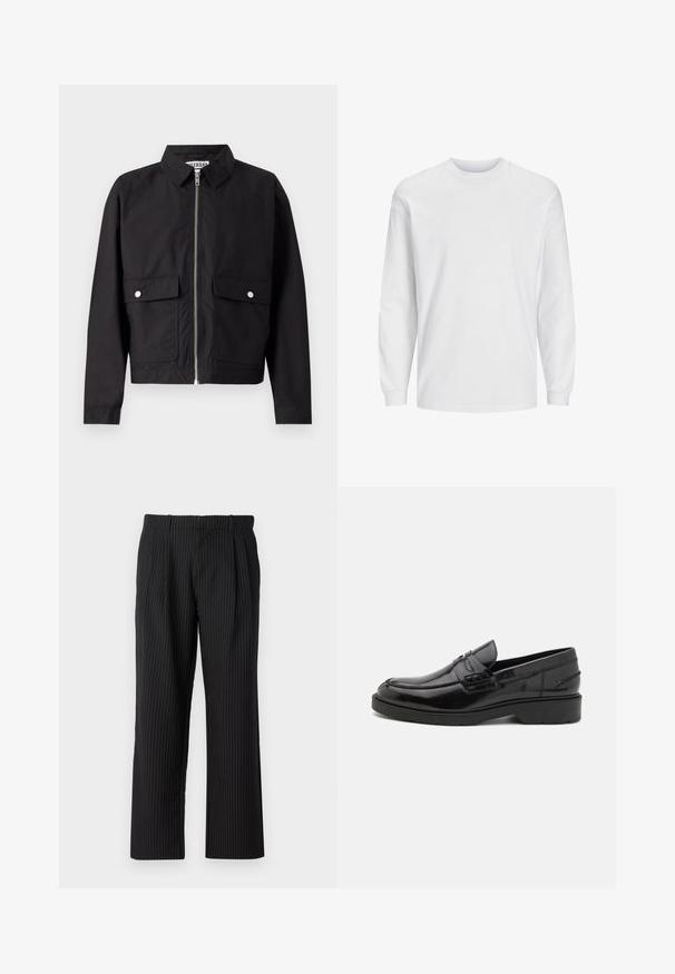 Veste noire avec fermeture éclair à l'avant, col court et deux poches frontales. Le tissu semble lisse et résistant à l'eau. Design simple, sans motifs.; T-shirt blanc à manches longues en coton. Présente un col rond et un design uni sans motifs ni accents. Texture douce et lisse.; Jack & Jones Classic Wide Leg Fit - Pantalon classique - black; Mocassins en cuir noir avec une finition lisse, un bout rond, un petit talon et descoutures décoratives à l'avant. Semelle en caoutchouc pour l'adhérence.