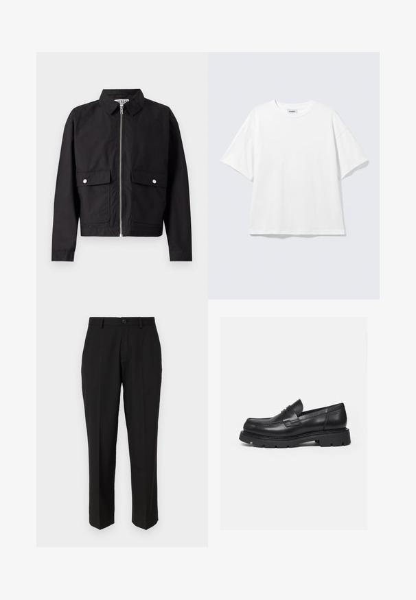 Veste noire avec fermeture éclair à l'avant, col court et deux poches frontales. Le tissu semble lisse et résistant à l'eau. Design simple, sans motifs.; T-shirt blanc oversize à manches courtes, col rond, épaules tombantes, posé à plat sur fond gris clair.; Pantalon noir en tissu lisse, présentant une coupe droite, des poches avant, un bouton simple de fermeture et sans motifs visibles.; Mocassin en cuir noir avec semelle épaisse crantée et détail de bride penny, présenté en profil droit sur fond blanc.