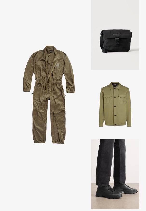 Olivengrøn jakke lavet af glat stof, med en klassisk krave, to brystlommer og sorte knapper foran.; Oliven grøn utility jumpsuit lavet af slidstærkt stof, med lynlåslukning foran, elastisk talje og flere lommer på overkroppen og benene.; Sorte snørebåndssko med en chunky, struktureret sål og glat overdel. Har metaløjer og en ribbet detalje rundt om tåen.; Sort Calvin Klein skuldertaske med frontklap, spænde lukning og justerbar rem på hvid baggrund.
