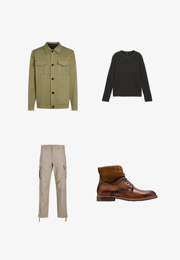Olivegrüne Jacke aus glattem Stoff mit einem klassischen Kragen, zwei Brusttaschen und schwarzen Knöpfen auf der Vorderseite.; Dunkelgraues langärmliges Waffelstrickshirt mit Rundhalsausschnitt und dreiknopf-verschluss vorne, flach auf weißem Hintergrund liegend.; Beige gerade geschnittene Cargo-Hose mit Klappentaschen an jedem Oberschenkel, Gürtelschlaufen, Knopf- und Reißverschluss sowie verstellbaren Bändern an den Saumabschlüssen.; Kazar ALID - Schnürstiefelette - brown