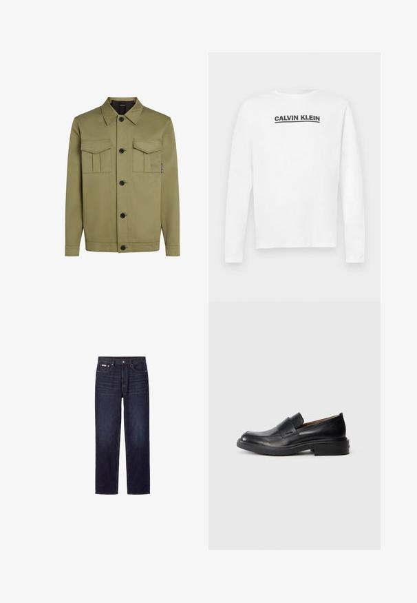 Olijfgroene jas van soepel stof, met een klassieke kraag, twee borstzakken en zwarte knopen aan de voorkant.; Witte lange mouwen shirt van katoen, met een zwart "CALVIN KLEIN" logo over de borst en een crewneck. Soepele textuur.; Donkerblauwe rechte spijkerbroek met vijf zakken, knoopsluiting en zichtbare stiksels.; Zwarte leren instap schoenen met een lage hak en subtiel Calvin Klein-logo aan de zijkant, weergegeven in profiel op een witte achtergrond.