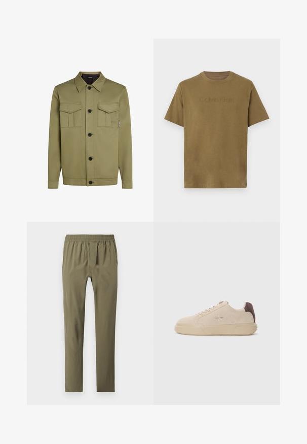 Olivegrüne Jacke aus glattem Stoff mit einem klassischen Kragen, zwei Brusttaschen und schwarzen Knöpfen auf der Vorderseite.; Olivgrünes Kurzarm-T-Shirt aus Baumwolle mit erhabenem "Calvin Klein"-Logo auf der Brust, Rundhalsausschnitt und lockerem Schnitt.; Olivgrüne, schmal geschnittene Hose mit elastischem Bund, zwei Seitentaschen und einem vorderen Reißverschluss, flach auf einem weißen Hintergrund ausgelegt.; Beige Wildleder-Sneaker mit runder Spitze, Schnürung vorne und einem braunen Wildlederakzent an der Ferse. Verfügt über eine strukturierte Gummisohle.