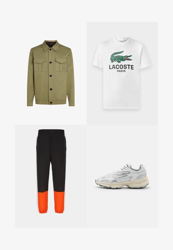 Olivovo zelená bunda z hladkého materiálu, s klasickým golierom, dvoma náprsními vreckami a čiernymi gombíkmi na prednej strane.; Lacoste Tričko s potlačou - white; Čierne športové nohavice s širokým oranžovým spodným panelom a bielymi bočnými pruhmi. Elastický pás a manžety na členkoch pre nastaviteľné prispôsobenie.; Biele športové topánky s šedými akcentmi, sieťovinovou a syntetickou vrchnou časťou, viazanie na šnúrky a texturovanou gumovou podrážkou s protišmykovými vzormi.
