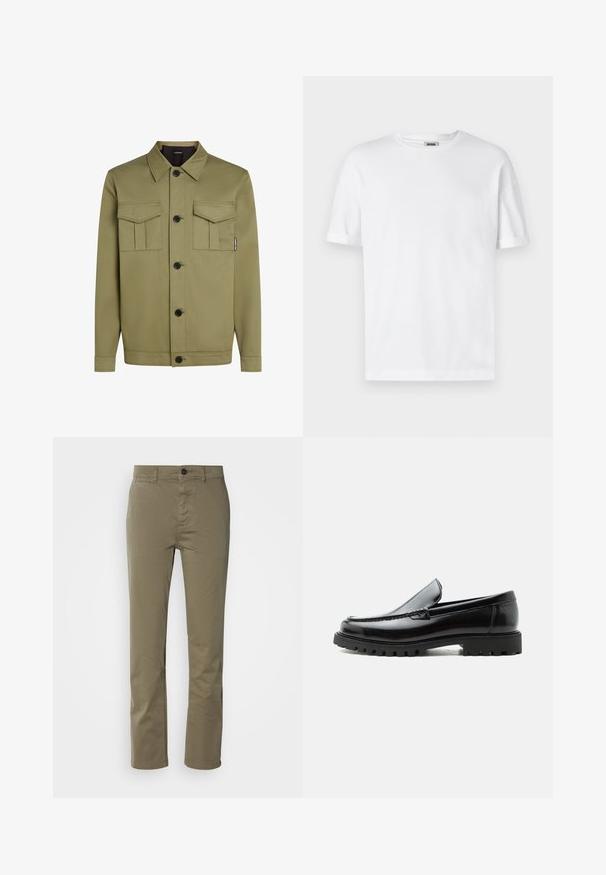 Olivegrüne Jacke aus glattem Stoff mit einem klassischen Kragen, zwei Brusttaschen und schwarzen Knöpfen auf der Vorderseite.; Weißes Baumwoll-T-Shirt mit Rundhalsausschnitt, kurzen Ärmeln und umgeschlagenen Bündchen; schlichtes Design, weiche Textur und gerade geschnitten.; Olivgrüne Baumwollhose mit geradem Schnitt, ausgestattet mit einem Knopfverschluss und Fronttaschen. Glatte Textur ohne sichtbare Muster.; Schwarzer Lederloafer mit grober Gummisohle, genähter Oberseite und geprägtem Markennamen an der Ferse, seitlich auf weißem Hintergrund gezeigt.