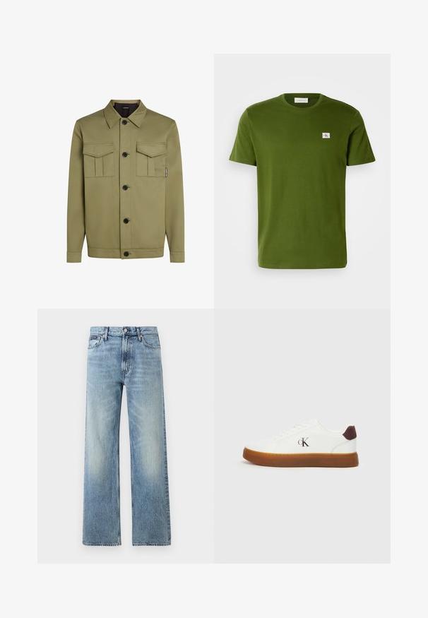 Olivengrøn jakke lavet af glat stof, med en klassisk krave, to brystlommer og sorte knapper foran.; Oliven grøn bomulds t-shirt med rund hals og korte ærmer. Har et lille, rektangulært Calvin Klein-logo på brystet.; Lyseblå denim jeans med lige ben, højt talje, fem lommer, knaplukning og diskrete falmede områder på lår og knæ.; Hvide sneakers med en gummisål, flade snørebånd og en hæl-accent i brunt ruskind. Har et subtilt præget "cK" logo på siden.