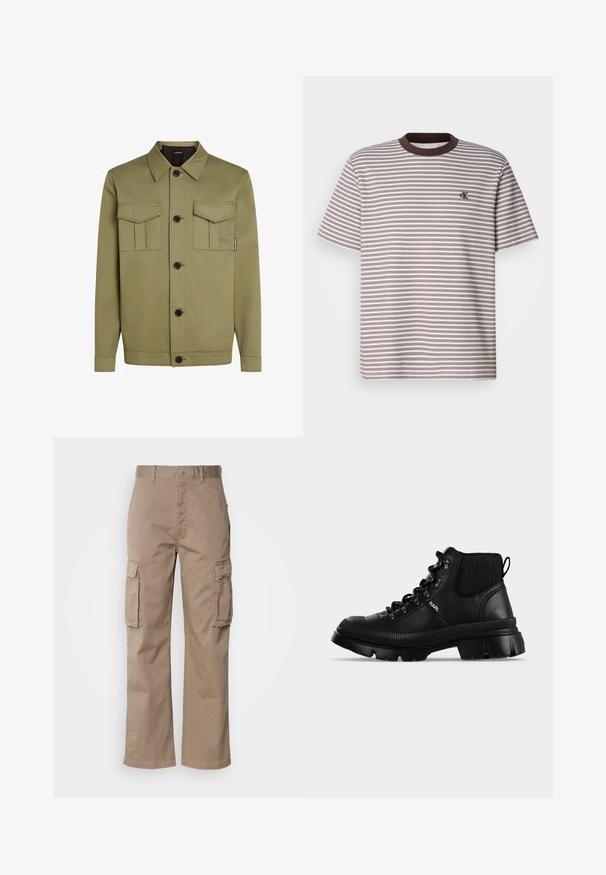 Olivegrüne Jacke aus glattem Stoff mit einem klassischen Kragen, zwei Brusttaschen und schwarzen Knöpfen auf der Vorderseite.; Gestreiftes T-Shirt mit kurzen Ärmeln in Braun und Creme mit horizontalen Streifen, Rundhalsausschnitt mit braunem Saum und kleinem gestickten Logo auf der Brust.; Beige Cargo-Hosen aus Baumwolle mit einer lockeren Passform, zwei Seitentaschen und einem Knopfverschluss am Bund.; Schwarzer knöchelhoher Lederstiefel mit dicker profilierten Sohle, Metallösen und eingestanztem "KARL" Logo auf dem Seitenpanel.