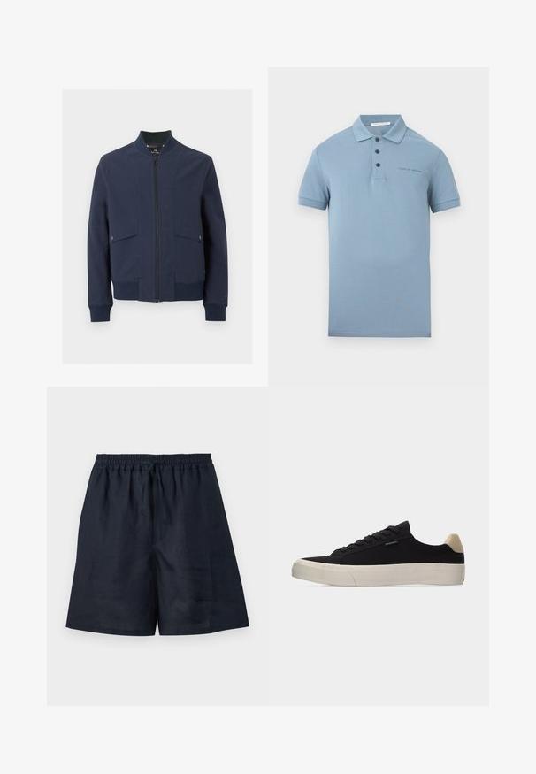 Veste bomber bleu marine avec fermeture éclair à l'avant, col, poignets, ourlet côtelés et deux poches à rabat avec boutons pression.; Polo bleu clair à manches courtes avec trois boutons et logo "Tiger of Sweden" brodé sur le côté gauche de la poitrine.; Shorts bleu marine décontractés avec taille élastique et cordon, tissu léger, longueur genou et coupe droite.; Baskets basses noires avec languette beige au talon, semelle en caoutchouc blanche épaisse, lacets noirs et petite étiquette "PS Paul Smith" sur le côté.