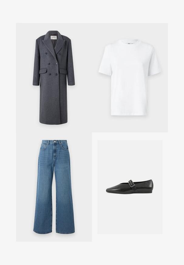 Replay JACKET - Manteau classique - dark gray; T-shirt en coton blanc à col rond, avec des manches courtes et une texture lisse. Conçu avec une coupe décontractée pour plus de confort et de polyvalence.; Jeans en denim bleu à jambes larges avec une taille haute, comprenant des poches avant et arrière, et une fermeture à bouton à la taille. Texture lisse.; Chaussure plate en cuir noir avec un orteil pointu, présentant une sangle à boucle métallique sur le cou-de-pied et une semelle basse et flexible.
