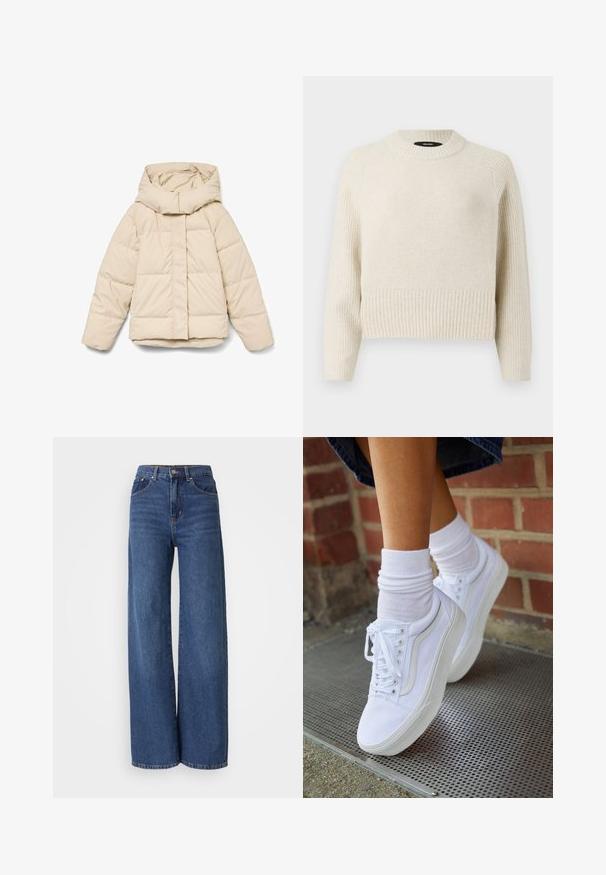 Beige dunjakke med høj krave og lynlås foran. Har quiltede sektioner og elastiske manchetter. Glat tekstur, letvægtsdesign.; Lys beige strikket sweater med ribkant og tekstureret krop. Har rund hals og lange ærmer med en afslappet pasform.; Højtaljede, brede jeans i mørkeblå denim. Har fem lommer, bæltestropper og en blød tekstur med kontrasterende syninger.; Hvide lærreds sneakers med gummisåler, der har seks snørehuller, rund tå og let sømdetaljer, krydret med hvide ankelstrømper.