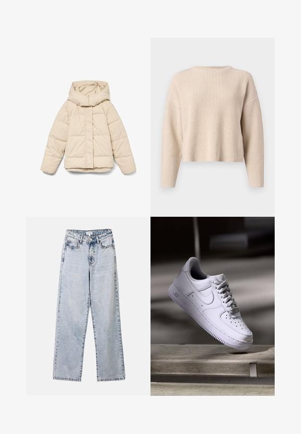 Beež värvi paks jakk kõrge krae ja ees oleva lukuga. Omab tikitud sektsioone ja elastseid mansette. Sile tekstuur, kergekujuline disain.; Beige kampsweater, mille ümar kaelus, pikad varrukad ja mugav lõige. Omab soonikstruktuuri ja lühendatud hemmi.; Heledad sinine sirge jalgadega teksapüksid, millel on kaks eesmist taskut, nööbikinnitus ja kontrastne õmblus õmbluste ääres.; Valge Nike Air Force 1 toss, mis hõljub betoonpinna kohal, varjud minimalistlikus keskkonnas.