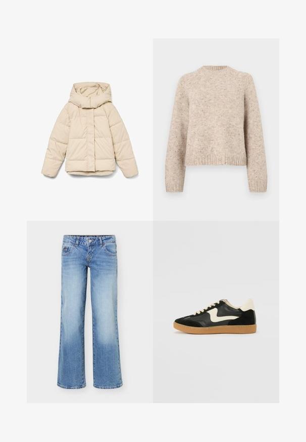 Beige dunjakke med høj krave og lynlås foran. Har quiltede sektioner og elastiske manchetter. Glat tekstur, letvægtsdesign.; Beige striktrøje med rund hals, lange ærmer og ribbede manchetter. Lavet af en tekstureret uldblanding med subtile prikker over det hele.; Lyseblå denimjeans med en let vidde i benene, femlommefacon og knap- og lynlåslukning foran.; Sorte ruskinds- og lædersneakers med en cremefarvet side-swoosh og lys cremefarvet hæl. Har beige snørebånd og en gummirubber-sål.