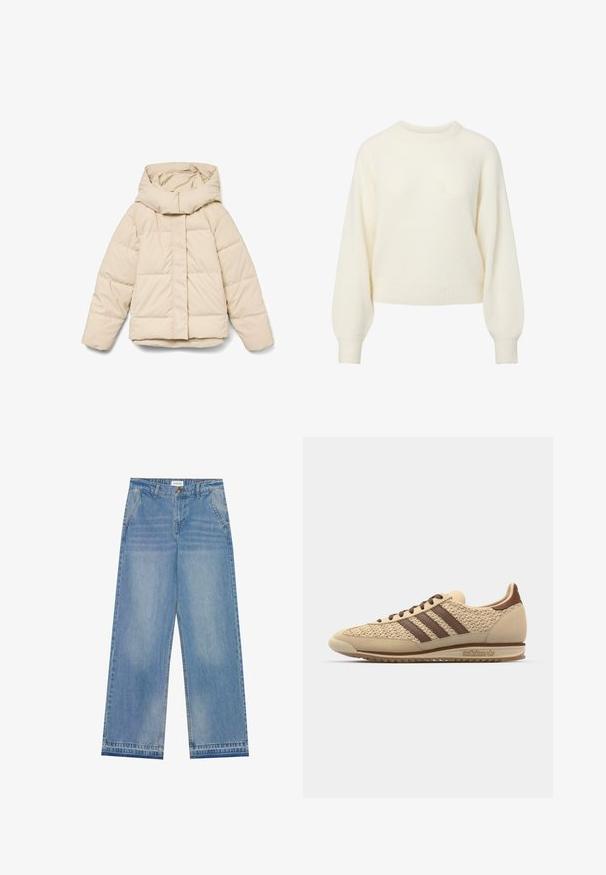 Beige dunjakke med høj krave og lynlås foran. Har quiltede sektioner og elastiske manchetter. Glat tekstur, letvægtsdesign.; Cremefarvet langærmet striktrøje med ribbet rund hals, manchetter og kant.; Lyseblå højtaljede wide-leg jeans med knaplukning, frontlommer, bæltestropper og diskret falmet detaljer.; Beige og brun Adidas sneaker med tekstureret vævet stof, tre brune striber på siden og logo på sålen mod en ensfarvet lys baggrund.
