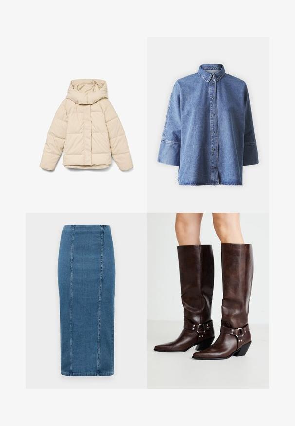 Beige dunjakke med høj krave og lynlås foran. Har quiltede sektioner og elastiske manchetter. Glat tekstur, letvægtsdesign.; Denimskjorte i lyseblå med lange ærmer, spidse kraver, knapper foran og en afslappet pasform. Lavet af blødt denim-materiale.; Blå denim blyantskørt med lodrette sømme og høj talje, der går til under knæet, vist på en hvid baggrund.; RAID NEVIS - Cowboy- / bikerstøvler - brown