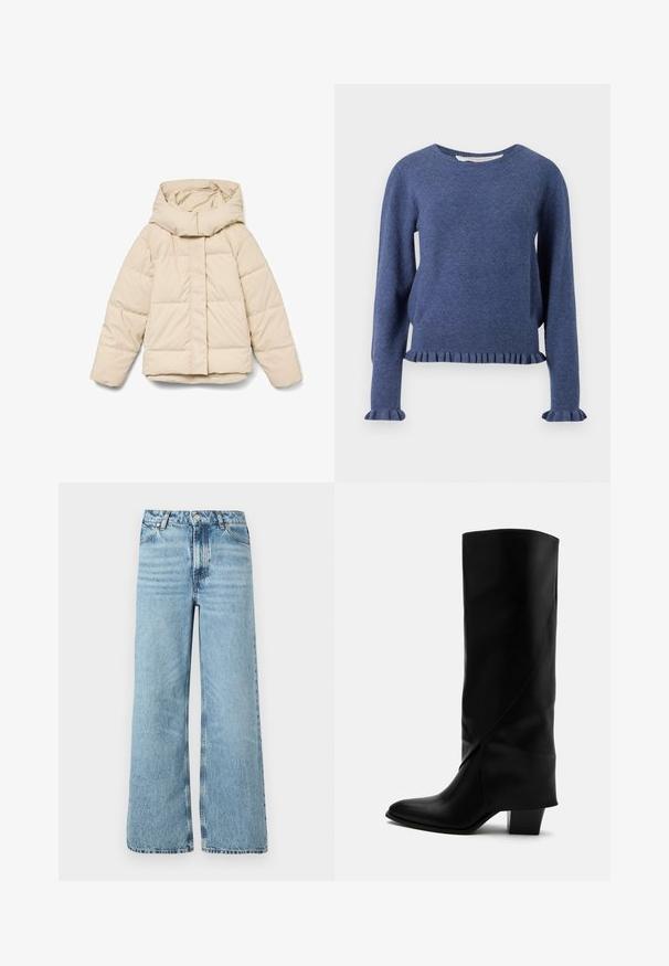 Beige dunjakke med høj krave og lynlås foran. Har quiltede sektioner og elastiske manchetter. Glat tekstur, letvægtsdesign.; Blå strikket sweater med diamantmønster, ribbet kant og flæseærmer. Rund halsudskæring og afslappet pasform.; Lyseblå wide-leg jeans lavet af denim, med høj talje, fem-lomme design og kontraststing langs sømmene.; Høj sort læderstøvle med skråt syning, spids tå og kraftig mellemhøj hæl på hvid baggrund.