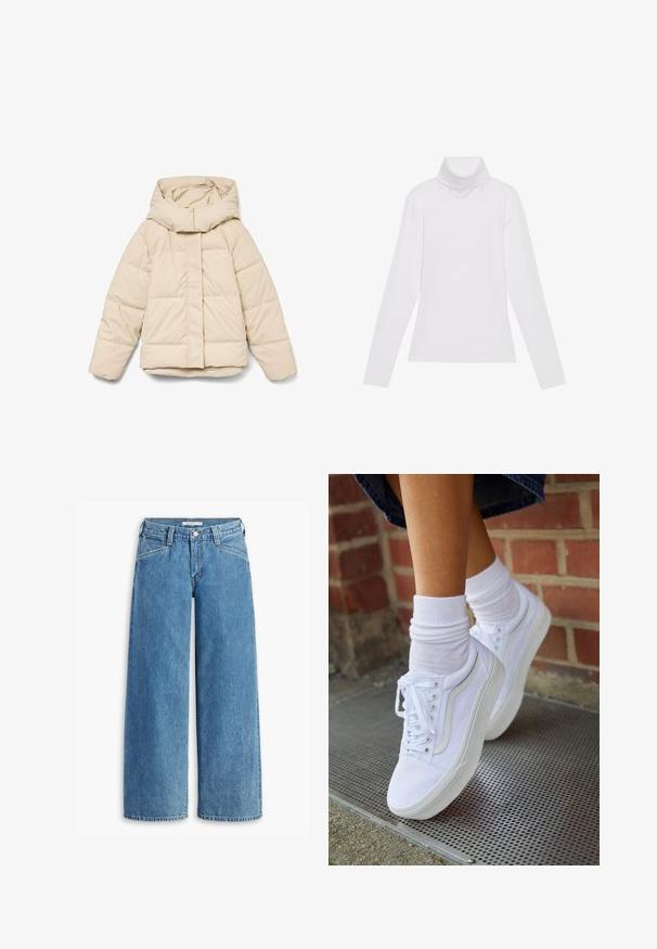 Beige dunjakke med høj krave og lynlås foran. Har quiltede sektioner og elastiske manchetter. Glat tekstur, letvægtsdesign.; Hvid langærmet turtle-neck top lavet af glat, strækbart stof. Har en høj krave og tætsiddende design, uden synlige mønstre eller udsmykninger.; Lysblå bredbenede jeans lavet af denim, med høj talje, fem lommer og en klassisk knaplukning. Lige snit fra lår til kant.; Hvide lærreds sneakers med gummisåler, der har seks snørehuller, rund tå og let sømdetaljer, krydret med hvide ankelstrømper.