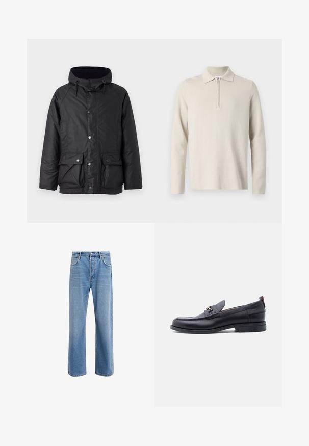 Barbour MODERN BEAUFORT JACKET - Kerge jope - navy/midnight oak; Kreemivärvi pikkseelikuga polo-särk pika varrukaga, mille kaeluses on tõmblukk. Särk on valmistatud pehmest ja tekstuurilisest kangast, omades klassikalist lõiget ja minimaalset disaini.; Heledad sinine teksapüksid otse lõikega, viie taskuga, nupuga sulgemine, minimaalne kulumine ja kontrastsed õmbluse detailid.; Mustast nahast mokassiin halli tekstuuriga pealse ja hõbedase metallist pandlaga, madala kontsaga ja tagant tõmblukuga.