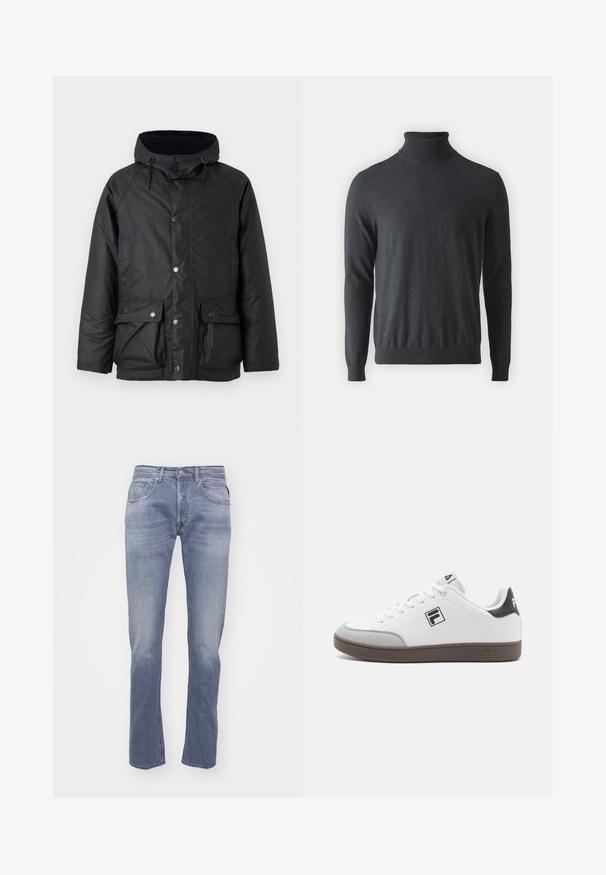 Barbour MODERN BEAUFORT JACKET - Kerge jope - navy/midnight oak; Tumehall villane kaelus-sweater, valmistatud pehmest ja ribakudumist materjalist. Omab pikki varrukaid ja kinnist taljet, väljendudes kõrge kaeluse disainis.; Heledsinine denim teksad sirge säärega, viie taskuga ja kergelt kulunud. Omab klassikalist nööpkinni panemist ja vöökohasid.; Valged spordijalatsid hallide aktsentidega, millel on sile nahk peal, ümmargune varvas, paks pruun kummitald ja must logo kandades.