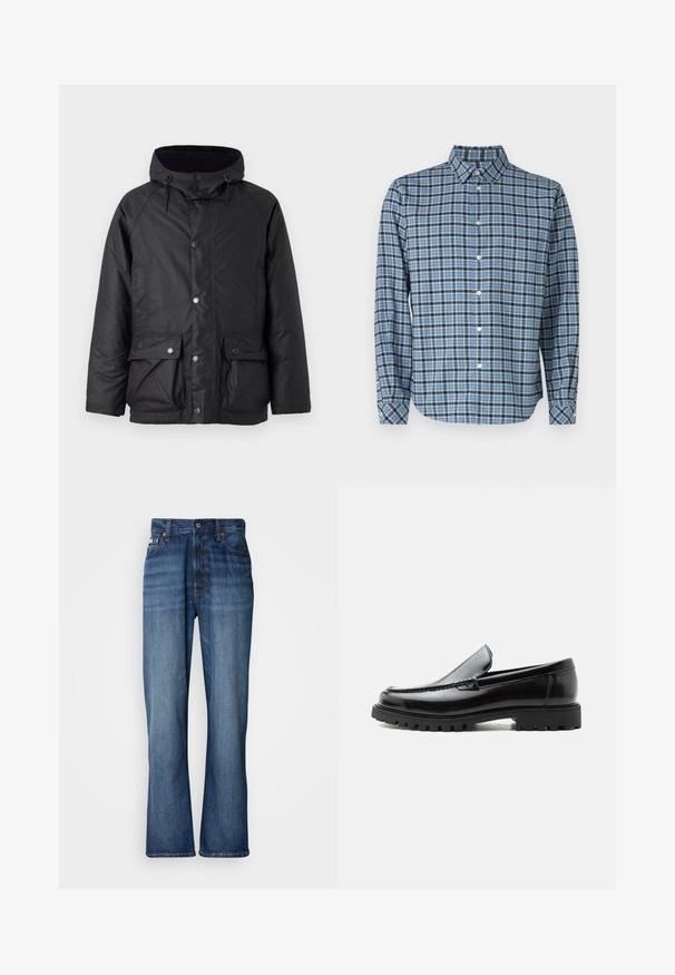 Barbour MODERN BEAUFORT JACKET - Winterjas - navy/midnight oak; Button-down shirt van geweven katoen, blauw en zwart geruit patroon, lange mouwen, kraag, witte knopen en verstelbare manchetten.; Blauwe denim jeans met een hoge taille, uitlopende pijpen, vijf-vaks ontwerp en tonale stiksels. Bevat een knopenfly en gestikte zakken.; Zwarte leren loafer met dikke rubberen zool, gestikte bovenkant en gegraveerde merknaam op de hiel, zijaanzicht op witte achtergrond.
