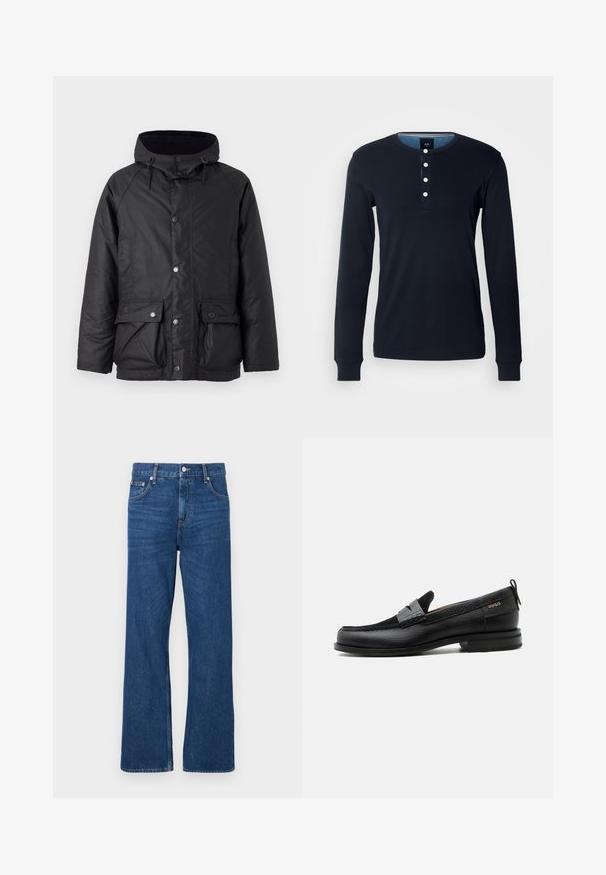 Barbour MODERN BEAUFORT JACKET - Winterjas - navy/midnight oak; Donker marineblauwe longsleeve shirt van katoen, met een henley halslijn en vijf witte knopen, en geribbelde manchetten. Zachte textuur en aansluitend ontwerp.; Blauwe spijkerbroeken met een wijd uitlopende pasvorm, voorzien van een klassieke knoop- en ritssluiting, en vijf zakken. Kenmerkende vervaagde textuur over de hele broek.; Zwarte leren loafer met grijs riemdetailelement, lage hak en gestructureerde zool, aan de zijkant gebrandmerkt met "HUGO" in goud.