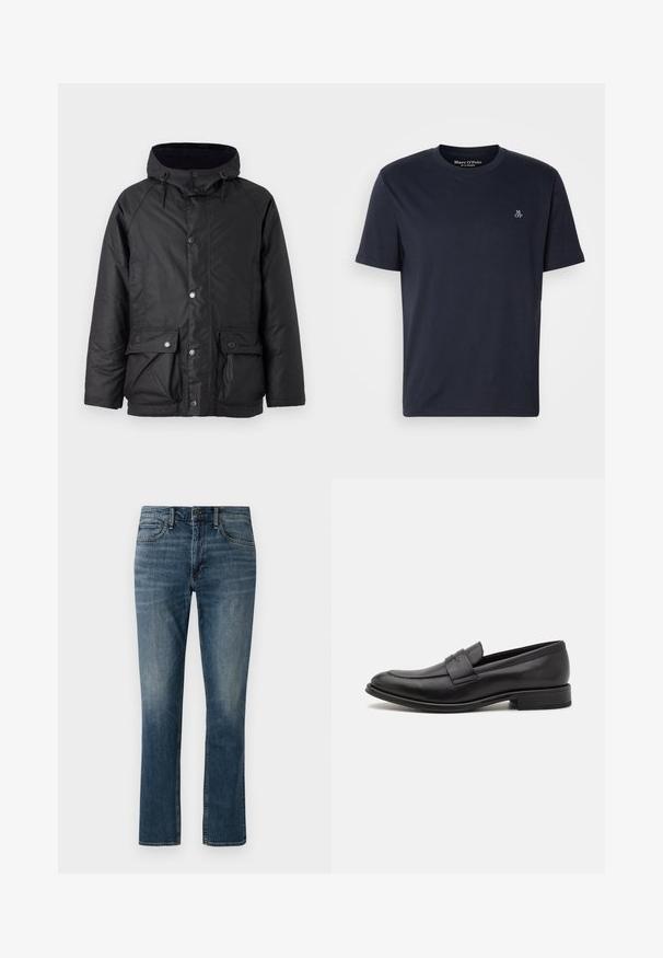 Barbour MODERN BEAUFORT JACKET - Kerge jope - navy/midnight oak; Tumesinine puuvillane T-särk lühikeste varrukatega, ümmarguse kaelusega ja rinnal väikese tikandiga logoga. Sile tekstuur, igapäevane disain.; Tumed sinine denimihinged sirge säärega. Omadusteks on eesmine taskud, nupuga kinnitamine ning õrn fadeering reie lähedal.; Must värvitud nahast loafer, millel on sile viimistlus, dekoratiivne rihm peal, ümar varvas ja madal virnastatud konts.