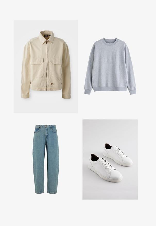 Beige, letvægtsjakke med lynlås foran, to brystlommer og et lille logo ved nederkanten. Lavet af slidstærk bomuldsstof.; Lysegrå sweatshirt med rund halsudskæring, lange ærmer og ribkant ved ærmer og bund, vist på hvid baggrund.; Lyseblå denimjeans med løs pasform, fem lommer og lige ben. Har en klassisk lynlås og knaplukning.; Hvide lædersneakers med lav profil, perforerede sider, flade snørebånd og en kontrasterende brun indvendig foring. Gummisål med tekstureret mønster.