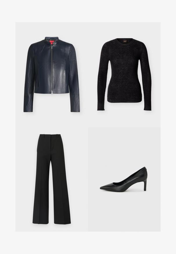 Veste en cuir noire avec fermeture éclair frontale, col montant, manches longues et coupe ajustée sur un fond clair uni.; Pull noir à manches longues en maille côtelée avec encolure ronde, coupe slim et motif de texture subtil.; Pantalons black à jambes larges avec un design sur mesure, présentant une texture lisse et de subtils plis à l'avant. Pas de garnitures ou de motifs visibles.; Escarpin à bout pointu en cuir noir avec un talon fin de hauteur moyenne sur un fond gris clair uni.