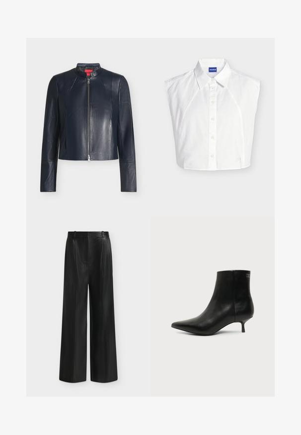 Veste en cuir noire avec fermeture éclair frontale, col montant, manches longues et coupe ajustée sur un fond clair uni.; Chemise blanche sans manches à col boutonné devant, avec étiquette de la marque Hugo à l’intérieur du col et logo brodé subtil près de l’ourlet.; Pantalon noir à jambes larges en simili cuir, taille haute et détail de ceinture sur le côté, sur fond gris clair.; Bottine en cuir noir avec bout pointu et petit talon kitten sur fond clair, vue côté extérieur.
