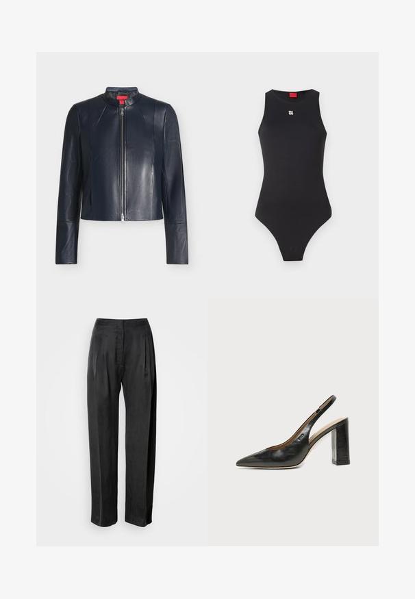 Veste en cuir noire avec fermeture éclair frontale, col montant, manches longues et coupe ajustée sur un fond clair uni.; Body noir avec un design sans manches, fabriqué en matériau lisse. Présente un petit logo blanc sur la poitrine et une ouverture de jambe haute.; Pantalon noir à jambes larges en tissu lisse, avec plis sur le devant, braguette zippée et ceinture classique.; Chaussure slingback en cuir noir à bout pointu avec un talon bloc haut et une doublure intérieure beige sur un fond clair uni.