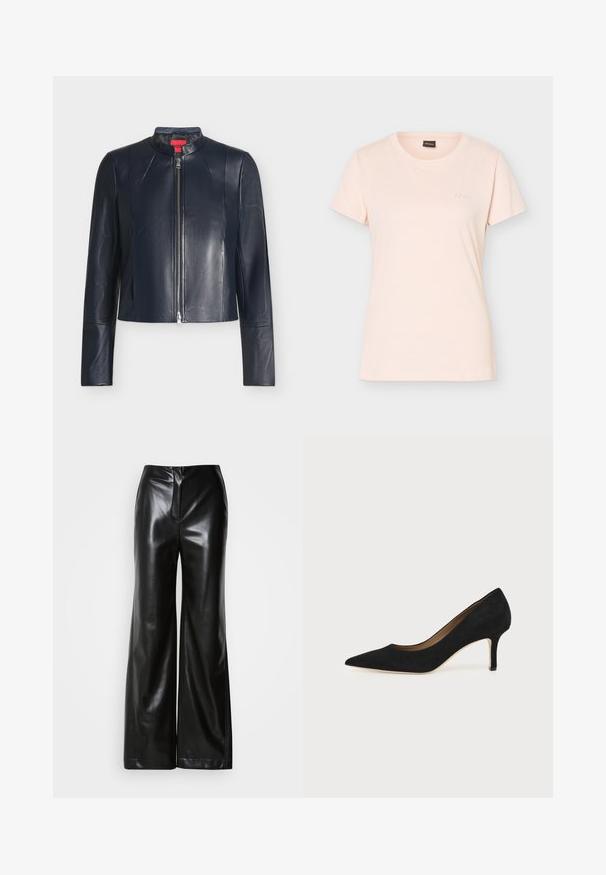 Veste en cuir noire avec fermeture éclair frontale, col montant, manches longues et coupe ajustée sur un fond clair uni.; T-shirt rose clair à manches courtes avec col rond, petit logo BOSS embossé sur la poitrine gauche et étiquette noire à l'intérieur du col.; Pantalons larges en cuir noir avec une texture lisse, taille haute et fermeture éclair frontale dissimulée. Coupe ajustée avec une finition soignée.; Escarpin en daim noir à bout pointu avec un talon stiletto fin de hauteur moyenne et un design à coupe basse sur un fond uni.